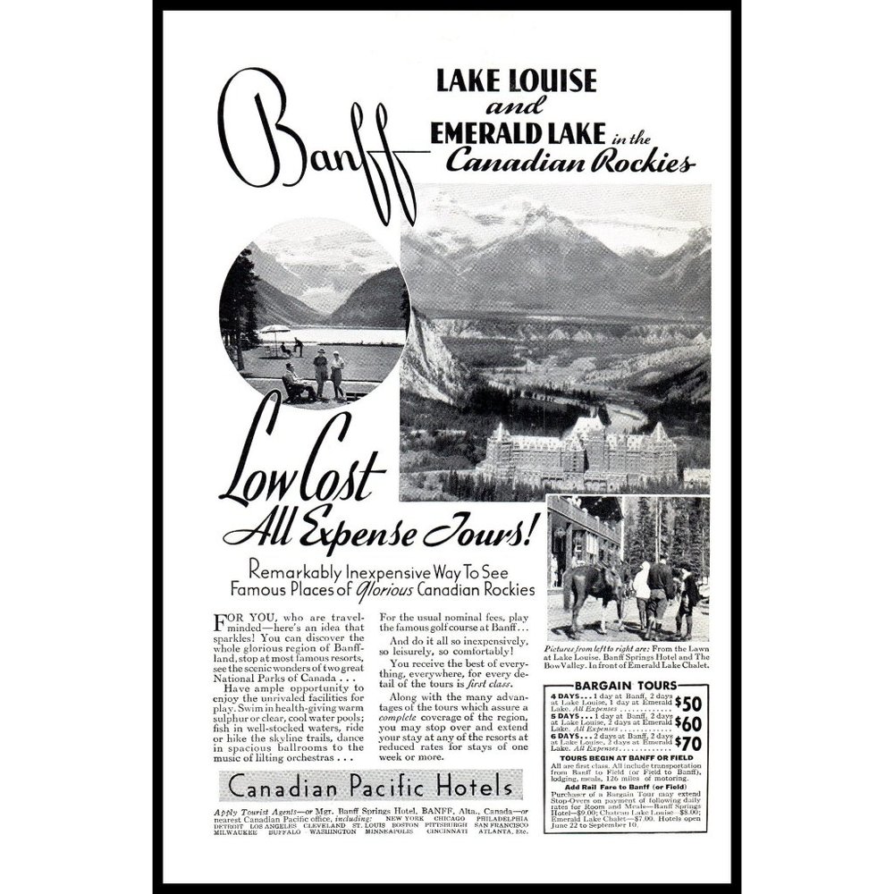 1934 Banff Chateau Lake Louise Canadian Pacific Hotel Vintage Print Ad Wall Art